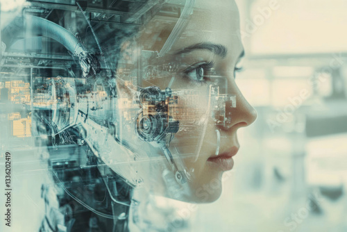 Wallpaper Mural XAI Mechanized industry women robot and robotic arms double exposure image. Concept of artificial intelligence for automation manufacturing process in future factory. Torontodigital.ca