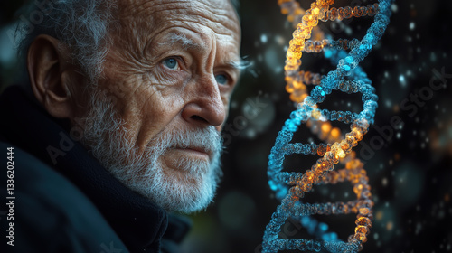 The concept of genetic science. Portrait of an old serious man posing with  color DNA.