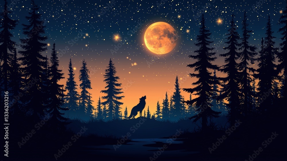 Naklejka premium Lone Wolf Howling Under Full Moon in Starry Night Sky Surrounded by Pine Trees
