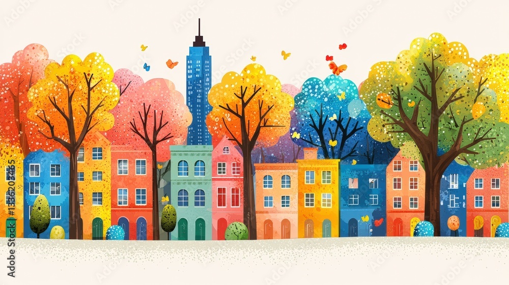 Obraz premium Colorful Urban Landscape with Vibrant Trees and Charming Buildings in a Scenic Setting