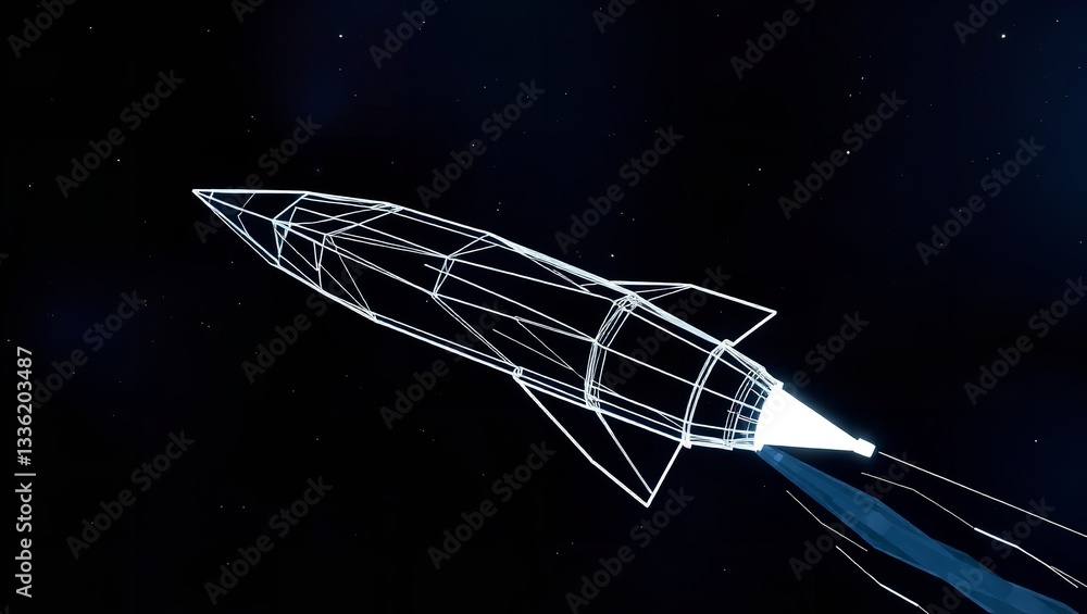 A Futuristic Rockets Daring Launch Into The Inky Expanse Of Space, A Wireframe Design Against A Starlit Background A Futuristic Rockets Daring Launch Into The Inky Expanse Of Space, A Wireframe Design Against A Starlit Background