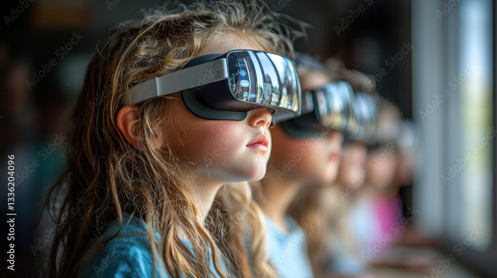 Elementary school students explore history through augmented reality glasses in a modern classroom environment Elementary school students explore history through augmented reality glasses in a modern classroom environment