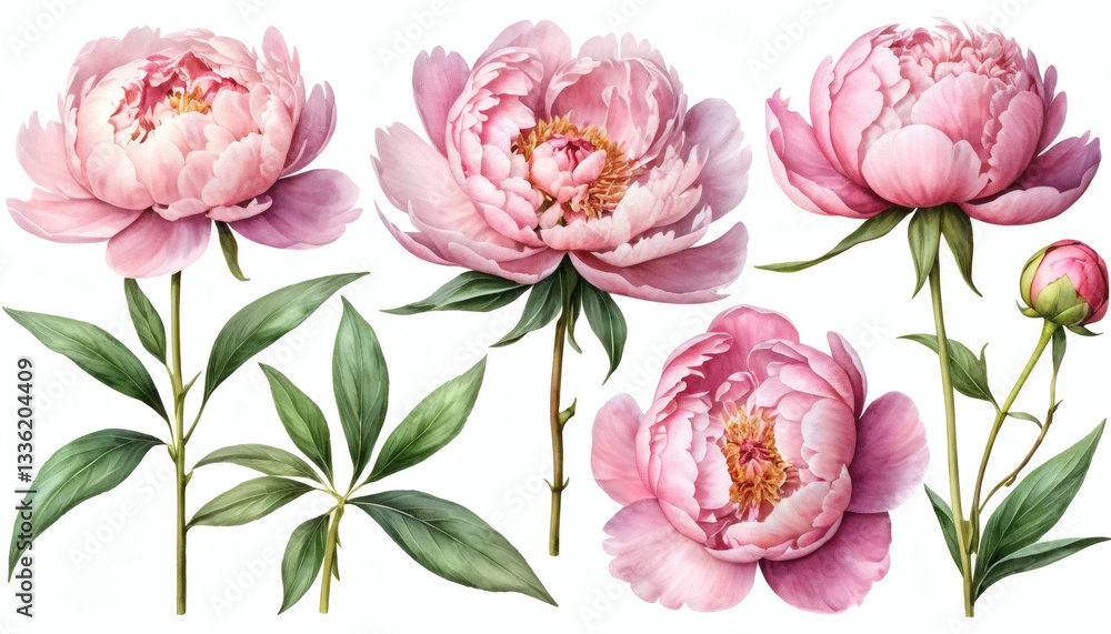Set of Pink Peonies in Different Angles and Bloom Stages, Watercolor Painted on White Background Set of Pink Peonies in Different Angles and Bloom Stages, Watercolor Painted on White Background