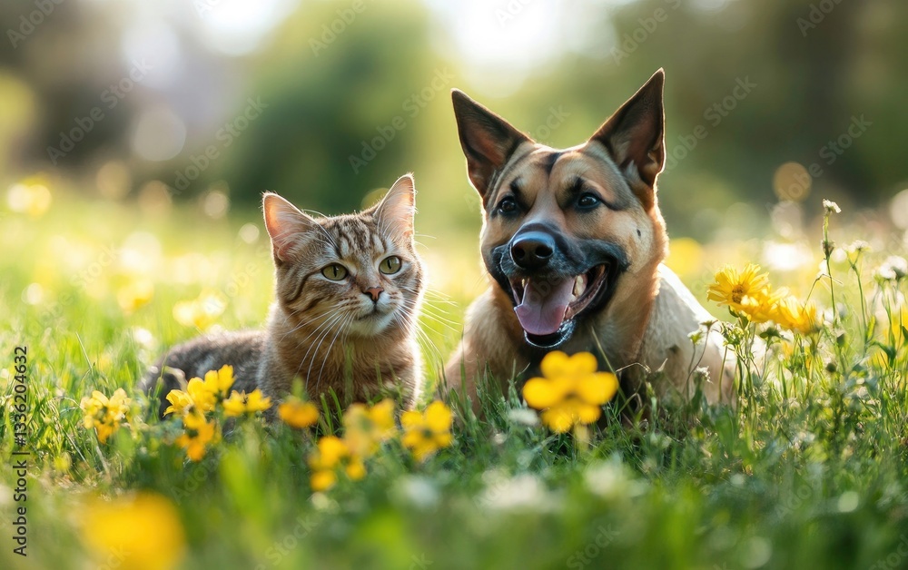 Obraz premium Happy Dog and Cat Relaxing in a Sunny Meadow