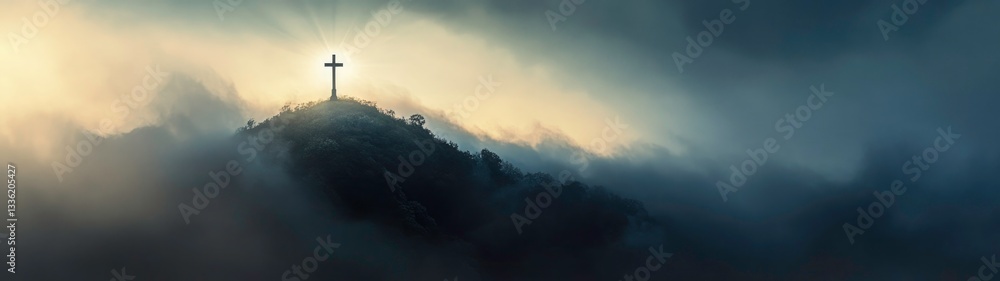 Majestic Cross on Misty Mountaintop, a Symbol of Faith Majestic Cross on Misty Mountaintop, a Symbol of Faith