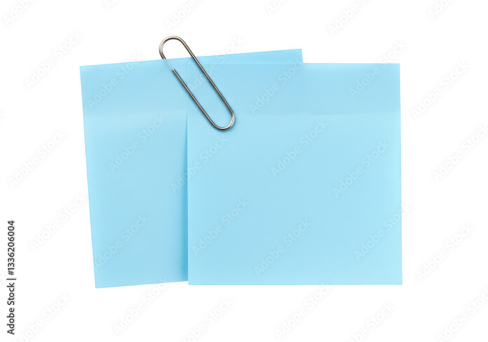 Two sticky notes with a silver paperclip attached isolate on transparent background Two sticky notes with a silver paperclip attached isolate on transparent background