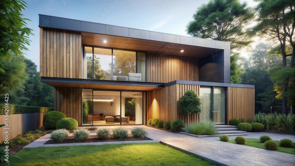 Modern Wooden Residence with Expansive Glass Windows and Lush Landscaping at Twilight Modern Wooden Residence with Expansive Glass Windows and Lush Landscaping at Twilight