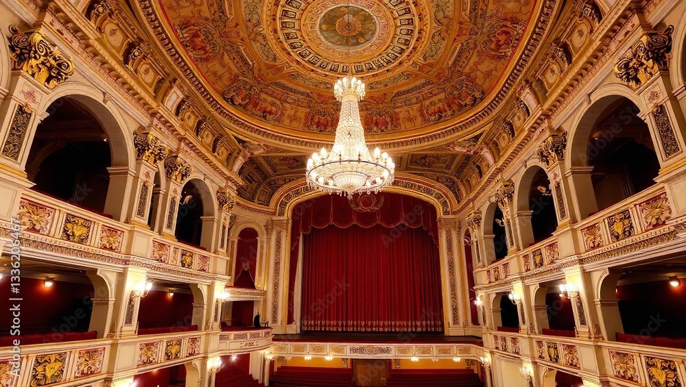 Fototapeta premium A Majestic Opera House Awaits The Evenings Performance, Its Gilded Detailing And Grand Chandelier Promising A Night Of Unforgettable Artistry Under A Breathtaking Painted Ceiling