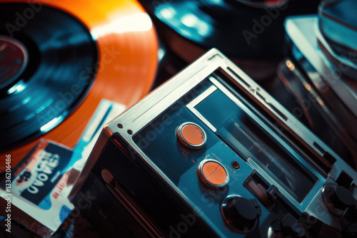 Retro cassette player and vinyl records capture nostalgic music moments