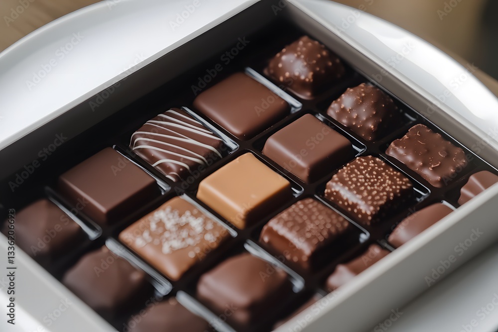 A refined collection of rich chocolates in a modern box, set on a minimalist white plate with delicate edible accents, captured in HD clarity. A refined collection of rich chocolates in a modern box, set on a minimalist white plate with delicate edible accents, captured in HD clarity.