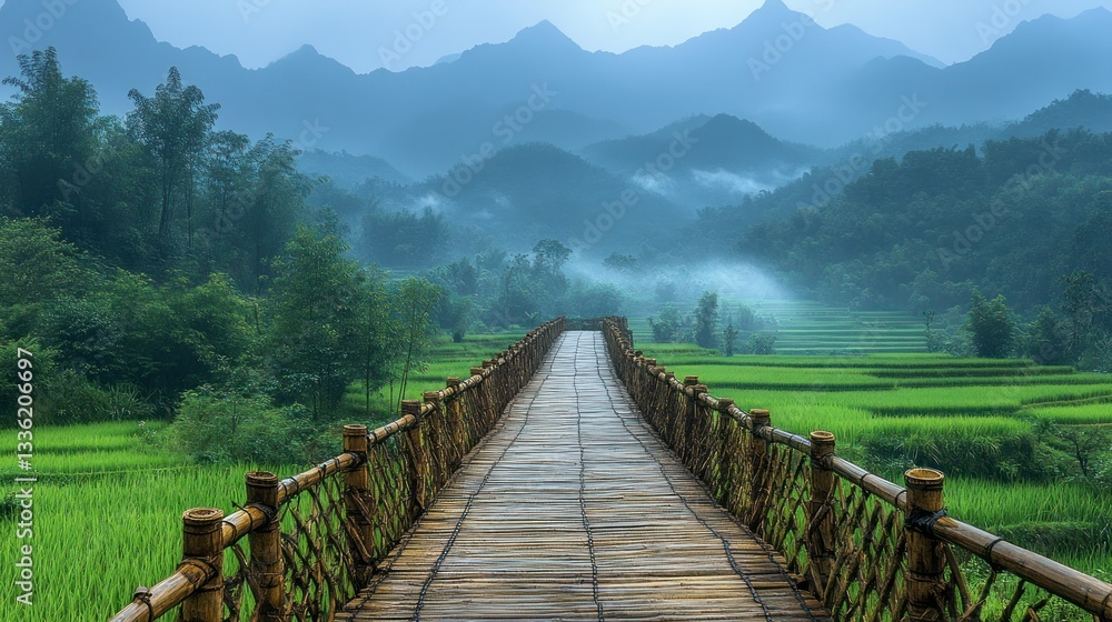 Fototapeta premium Tranquil bamboo bridge over rice paddies, misty mountains