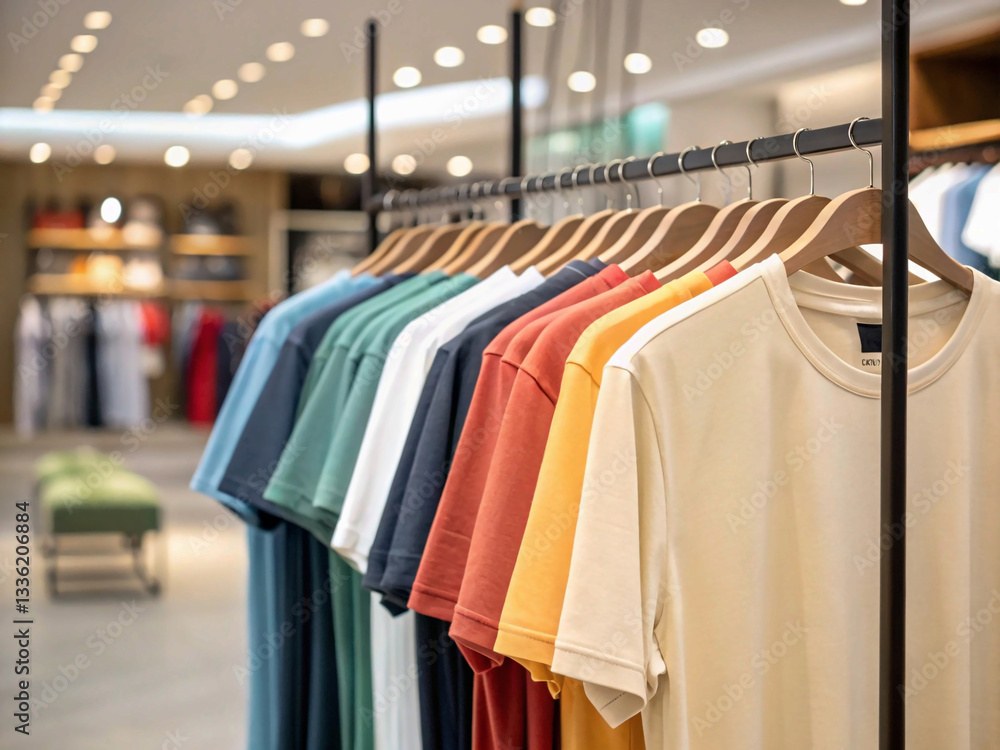 plain t-shirts of different colors hang on a hanger, store interior blur. plain t-shirts of different colors hang on a hanger, store interior blur.
