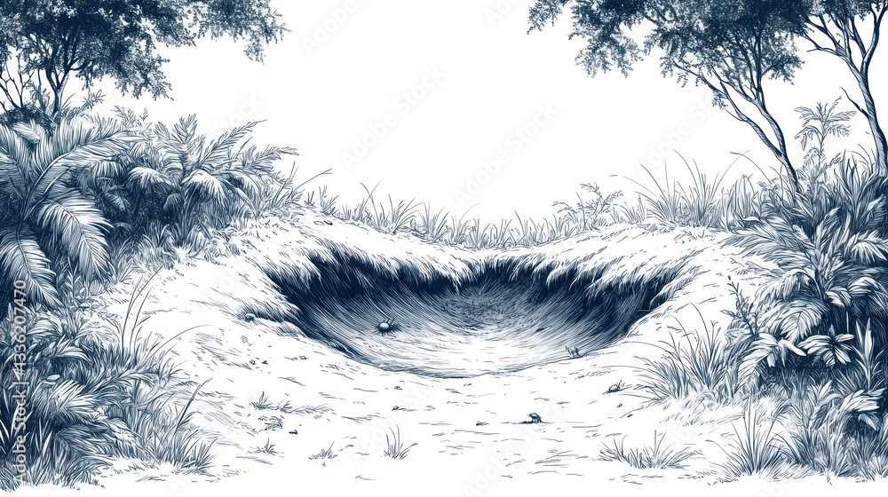 Fototapeta premium Jungle clearing, hidden valley, pencil sketch, nature scene