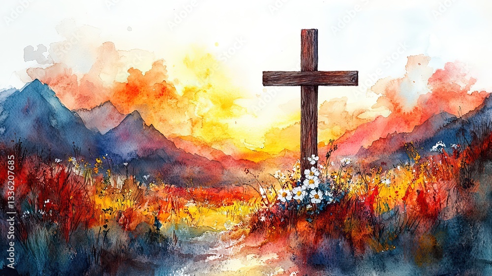 Obraz premium Wooden cross adorned with white flowers and greenery hanging on a white wood background, creating a serene and spiritual atmosphere