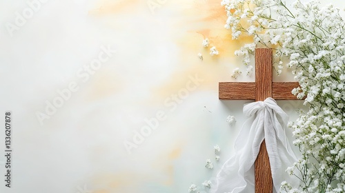 Wooden cross with white cloth and baby's breath flowers on pastel background for easter or first communion