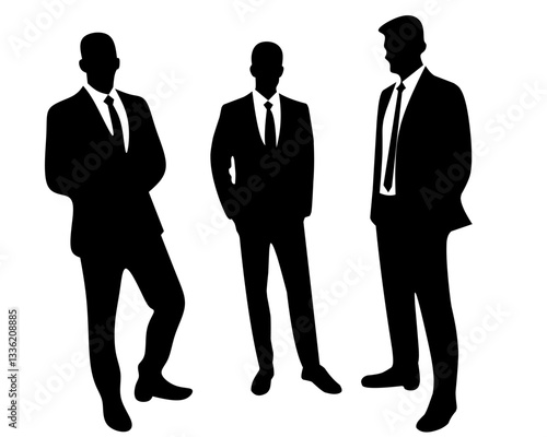 Silhouette of three businessmen standing together. Professional black-and-white vector illustration representing teamwork, leadership, corporate strategy, and business discussion