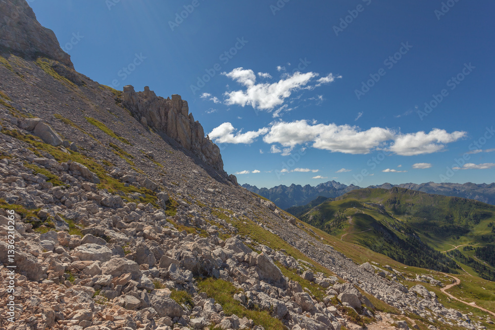 Fototapeta premium Summer panorama of Mount Agnello seen from path to Latemar summit. UNESCO world heritage site, Trentino-Alto Adige, Italy, Europe