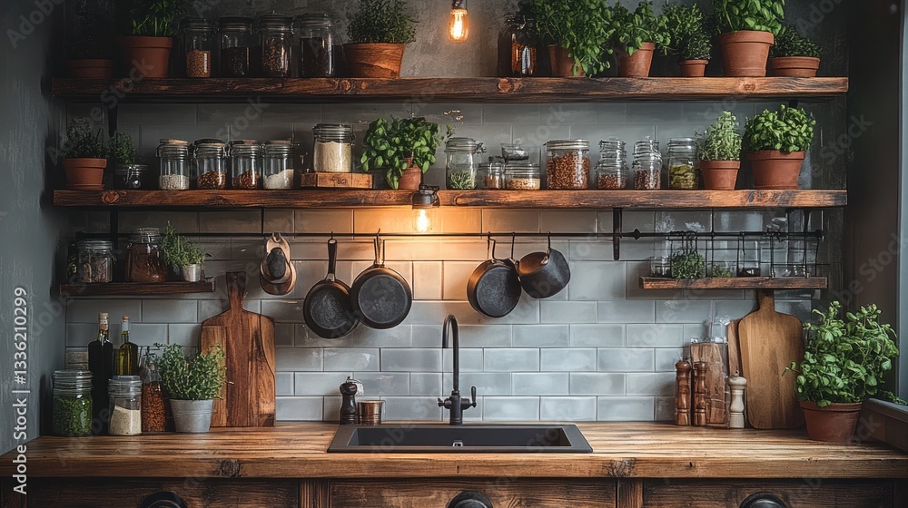Rustic kitchen shelves, herbs, pots, sink, industrial background, home decor Rustic kitchen shelves, herbs, pots, sink, industrial background, home decor