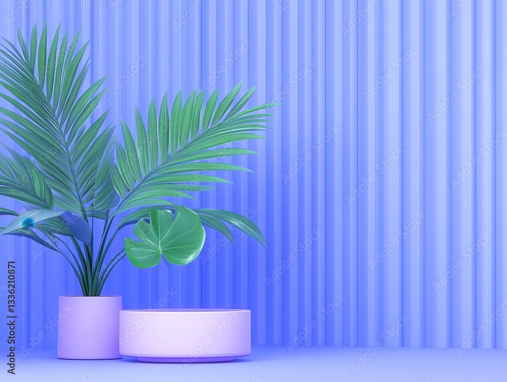 Modern interior with vibrant blue background and lush green potted plants Modern interior with vibrant blue background and lush green potted plants