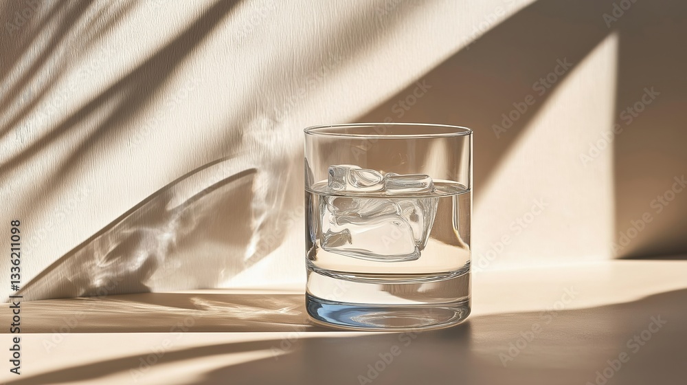 Glass of water with ice cubes in it. the glass is placed on a beige surface with a shadow cast on the right side of the image. Glass of water with ice cubes in it. the glass is placed on a beige surface with a shadow cast on the right side of the image.