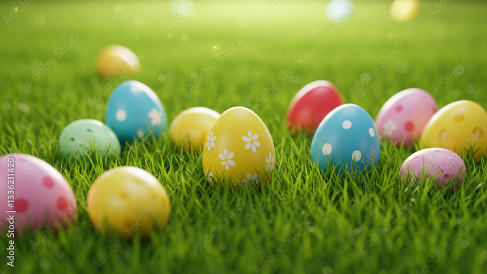 Easter colored eggs in grass. Easter abstract background with blurred background and copy space Easter colored eggs in grass. Easter abstract background with blurred background and copy space