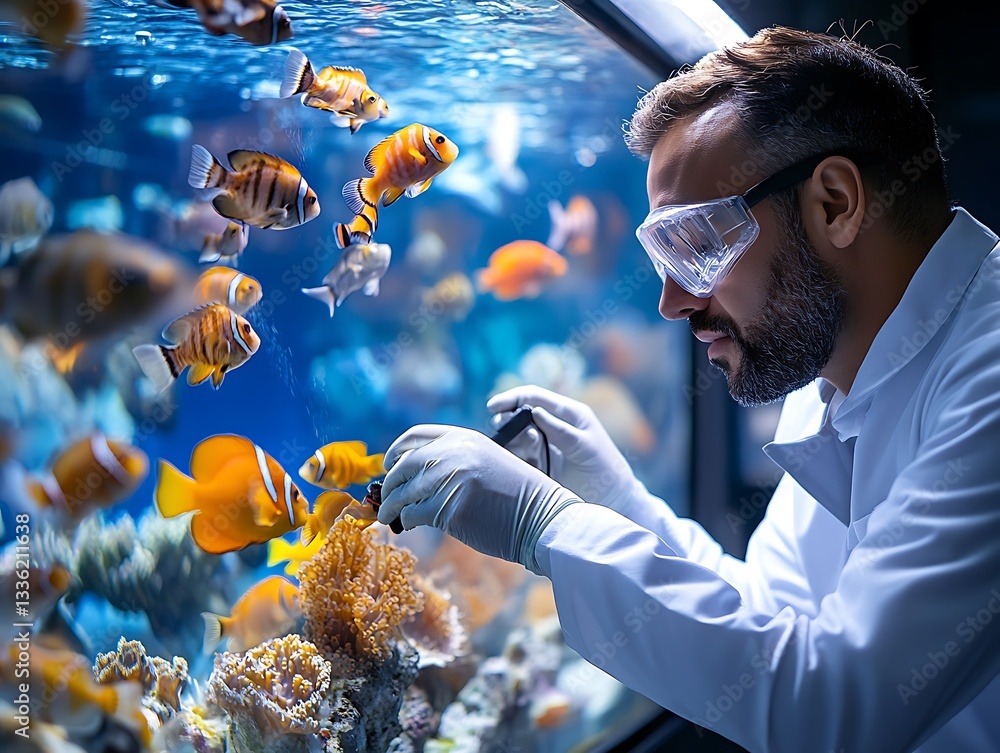 Aquatic researcher examining fish in aquarium underwater science environment