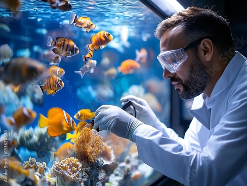 Obraz na płótnie Aquatic researcher examining fish in aquarium underwater science environment w salonie