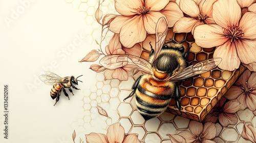 Honeybee pollinating blossom, honeycomb, floral background, spring design photo