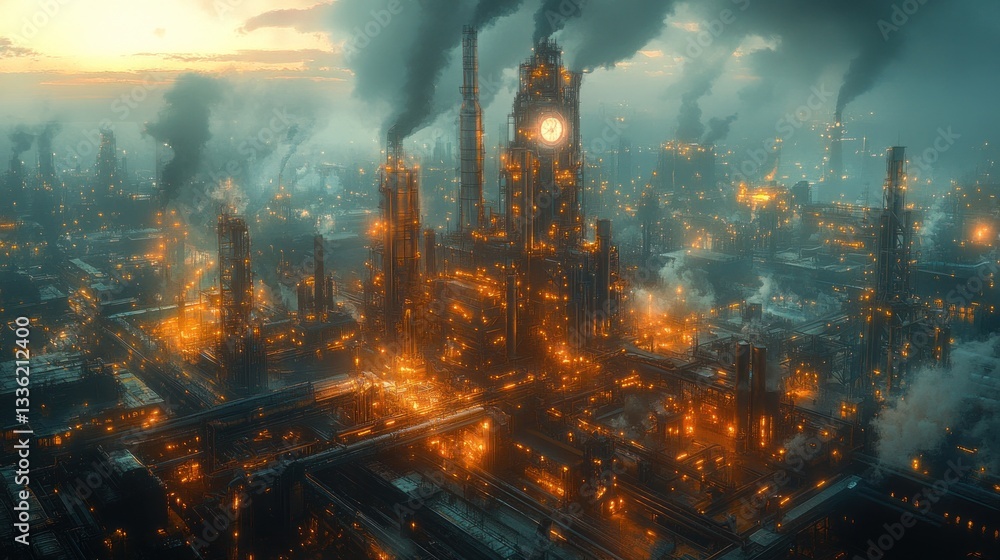 Obraz premium Industrial Cityscape Sunset Pollution Factory Aerial
