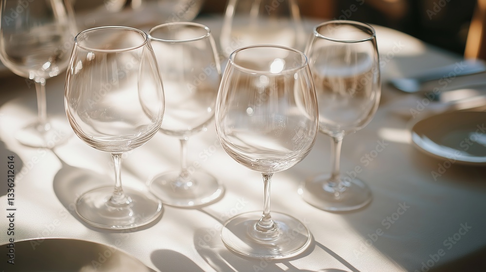 Neatly arranged empty glasses on a table, symbolizing simplicity and order in dining. Neatly arranged empty glasses on a table, symbolizing simplicity and order in dining.