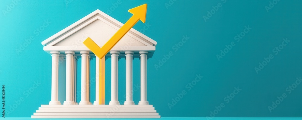 Obraz premium white classical building with columns is depicted against teal background, featuring large yellow check mark and upward arrow symbolizing growth and success