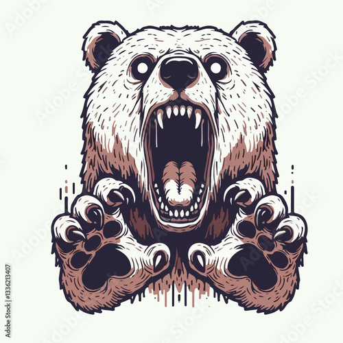 Wild Grizzly Bear Roaring: A fierce illustration captures a grizzly bear mid-roar, showcasing sharp claws and teeth, emanating raw power and wildness.