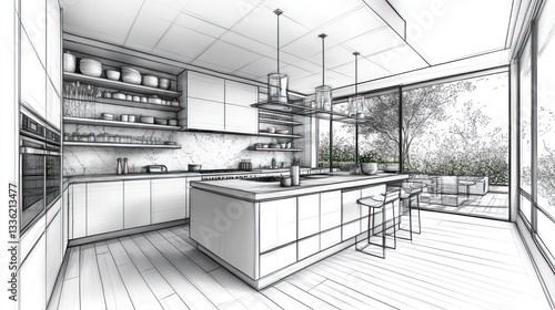 Modern kitchen sketch, open-plan design, backyard view, architectural drawing