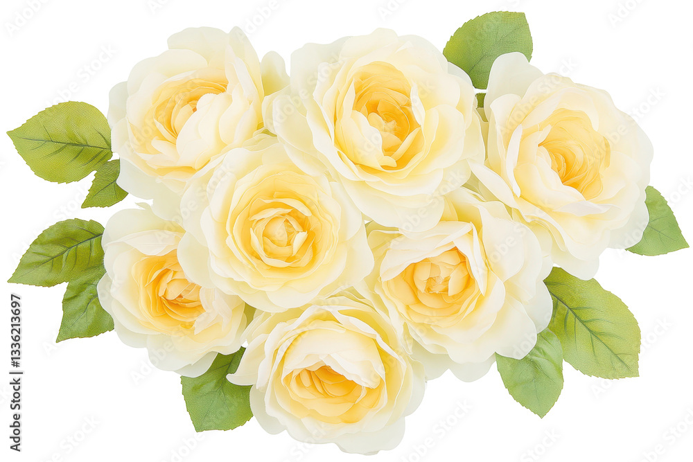 Floral Elegance: A cluster of pristine cream roses, their velvety petals unfurling to reveal golden centers, is accompanied by a selection of fresh, green leaves. Floral Elegance: A cluster of pristine cream roses, their velvety petals unfurling to reveal golden centers, is accompanied by a selection of fresh, green leaves.