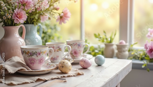 Wallpaper Mural Beautiful Easter tea setting with floral arrangements and eggs   Torontodigital.ca