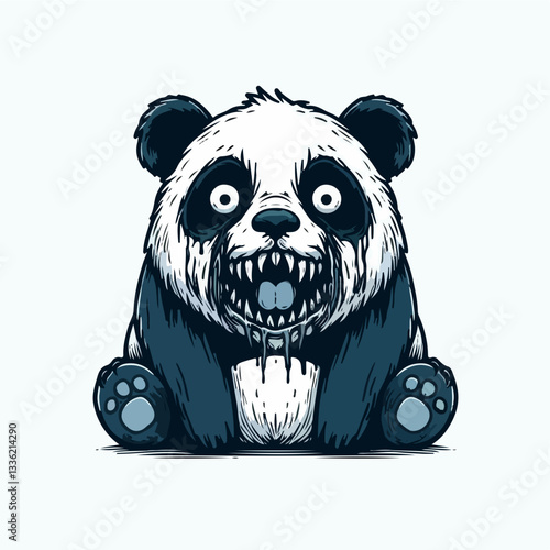 Pandamonium Unleashed: A darkly stylized illustration of a panda, eyes wide with a chilling intensity, hinting at a hidden, sinister side, set against a light backdrop. 