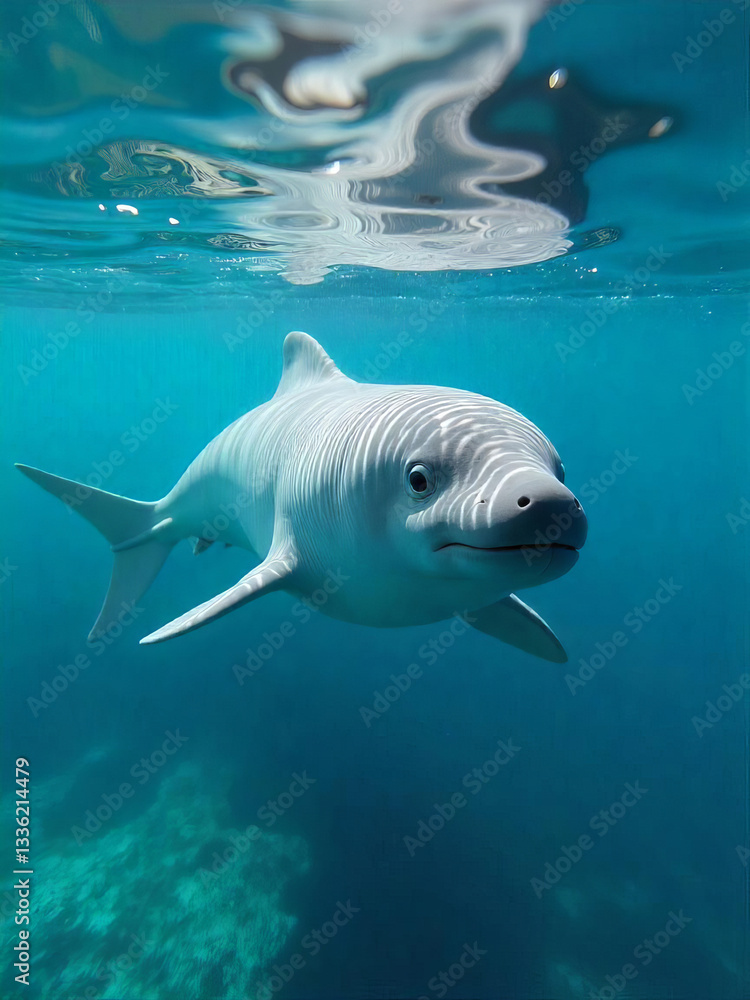 Fototapeta premium A vaquita swimming in the Gulf of California during a sunny summer afternoon, surrounded by clear blue water and vibrant marine life