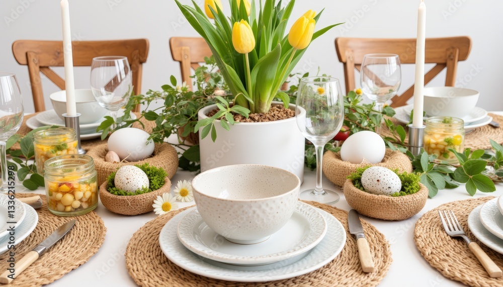 Fototapeta premium Easter table setting with flowers and decorative eggs 
