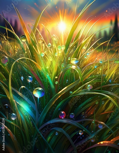 Wallpaper Mural A cluster of dew-covered grass with light refracting into a subtle rainbow. Torontodigital.ca