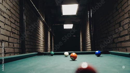Pool Table Scene with Colorful Balls in Dimly Lit Room Footage