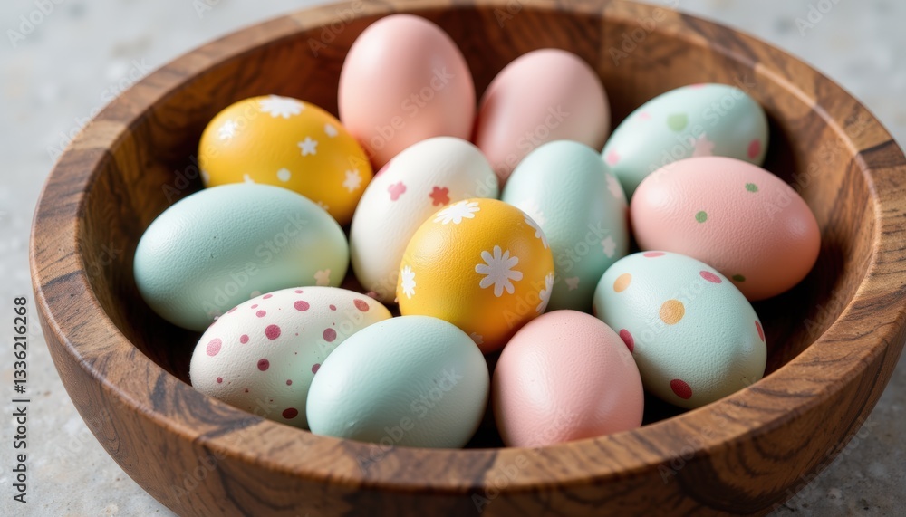 Colorful Easter eggs in a wooden bowl on a light background Colorful Easter eggs in a wooden bowl on a light background