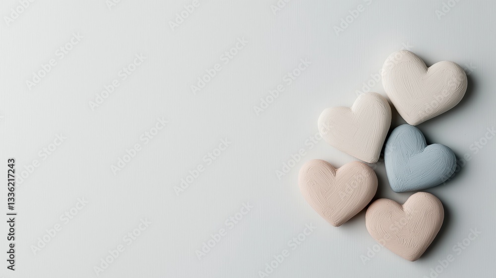 Obraz premium Group of five small, heart-shaped objects arranged in a line on a plain white background. the objects are of different colors - one is light pink, one is blue, and one is beige.