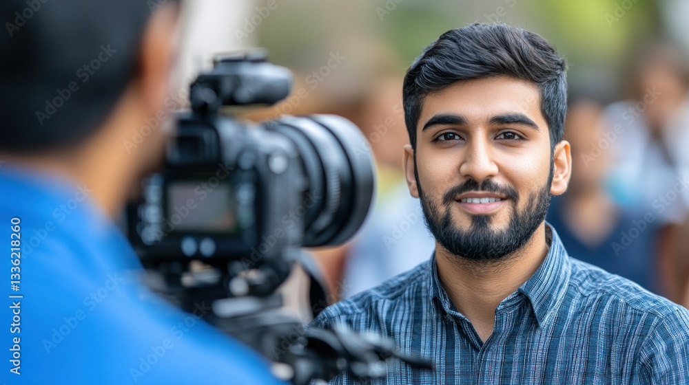 A smiling man poses for the camera during an interview setting A smiling man poses for the camera during an interview setting