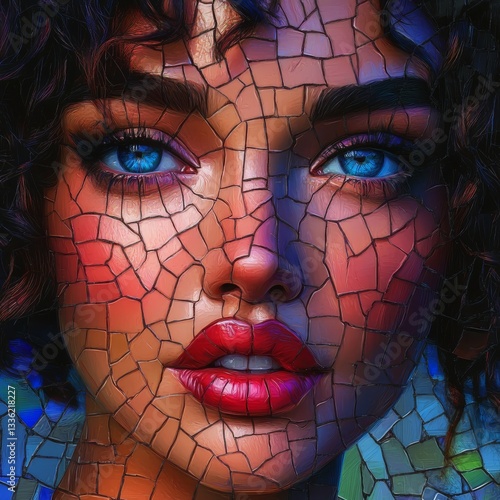 A close-up of a mosaic sculpture of a woman's face. The sculpture is made of small, colorful pieces of glass