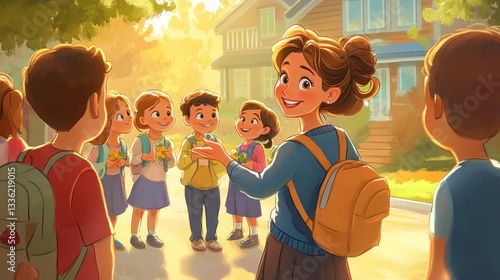 A teacher welcoming a group of children on their first day of school, warm smile --ar 16:9 --v 6.1 Job ID: 78f9d31b-99ec-4af6-a9a6-0080bd467e49