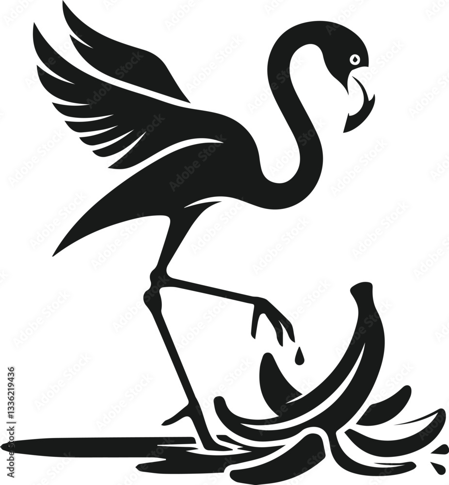 Fototapeta premium black and white flamingo slipping on a banana peel
