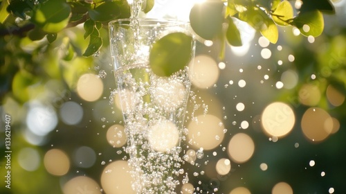 Water Being Poured Into A Clear Glass Surrounded By Leaves