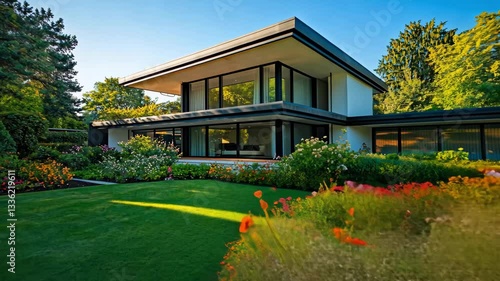 Modern Luxury House with Beautiful Garden and Green Lawn in Daylight
