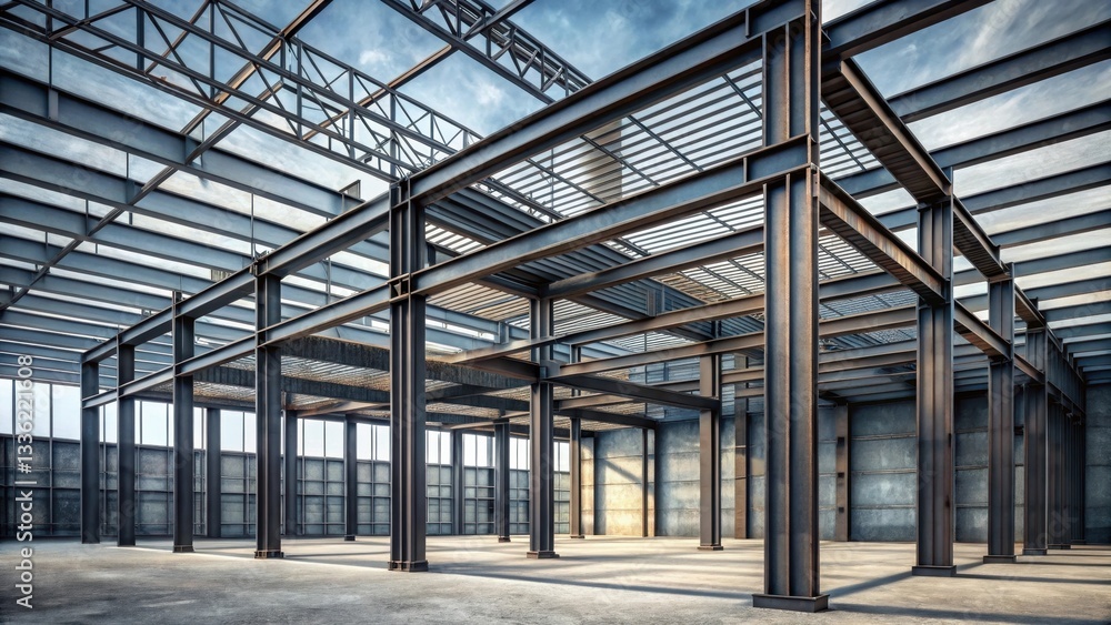 Vast Industrial Steel Structure A Framework of Beams and Columns in a Modern Warehouse Vast Industrial Steel Structure A Framework of Beams and Columns in a Modern Warehouse