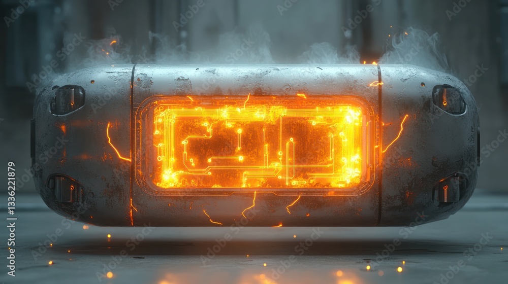 Obraz premium Glowing futuristic pod, energy surge, dark factory, sci-fi concept